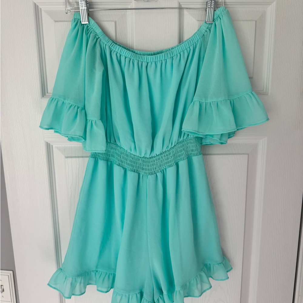 Pink Lily Aqua Mint Off-Shoulder Romper